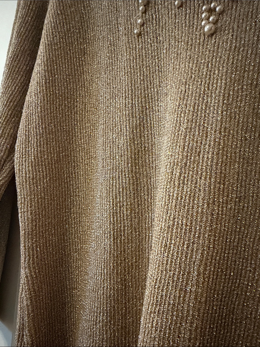 august silk Tan Metallic beautiful Pearl-Embellished Scoop Neck Sweater NWT - Picture 4 of 6
